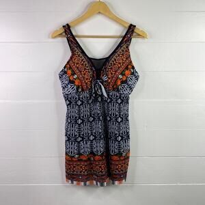 Orange Black Floral Aztec Abstract One Piece Swimming Suit Size Large